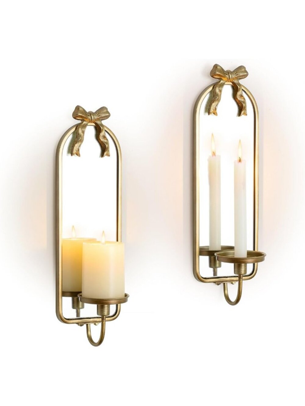 Elegant Gold Mirrored Candle Sconces - Set of 2 with Stylish Arch Metal Frame